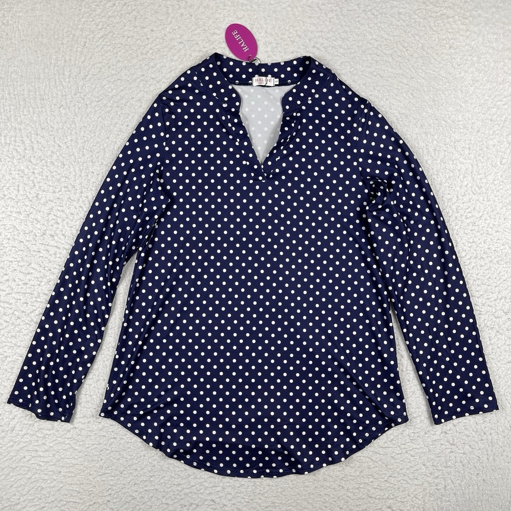 Halife Shirt Womens Small Navy White Polka Dots Stretch High Low‎ Hem Casual Top